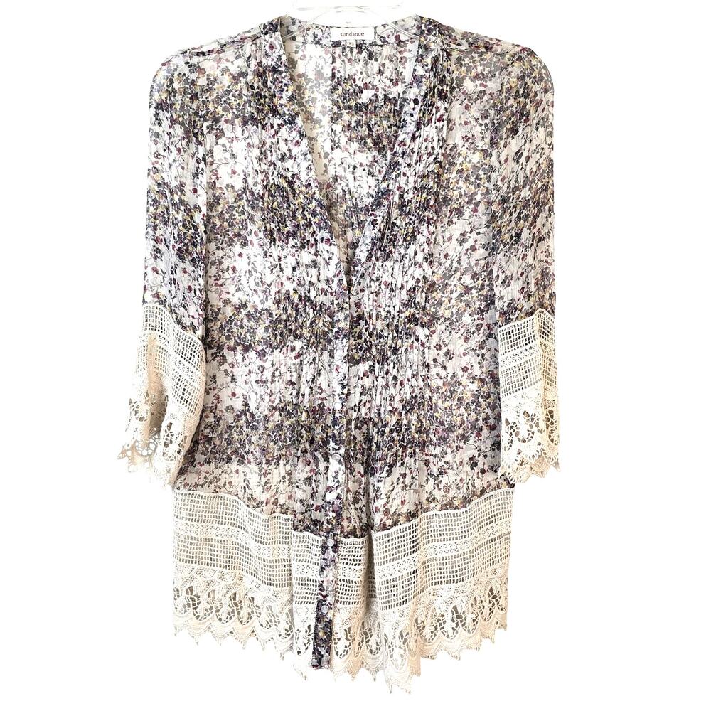 Sundance Blouse Women's XS Multi Silk Floral Crochet Lace Cottagecore Romantic